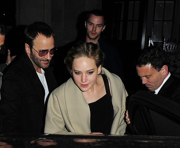 Jennifer Lawrence and her boyfriend Nicholas Hoult leave The Chilton Firehouse.