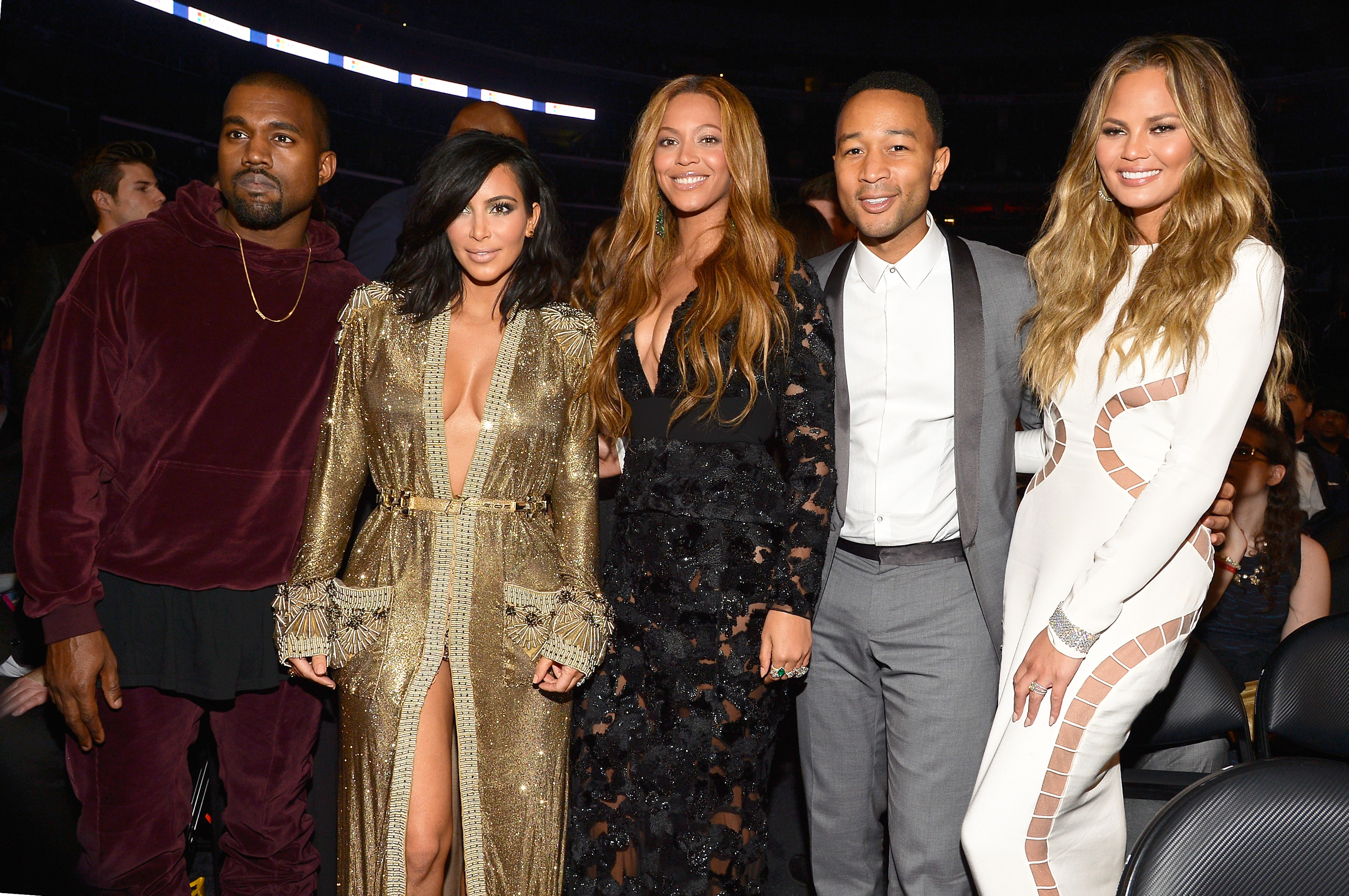 LOS ANGELES, CA - FEBRUARY 08: (L-R) Kanye West, Kim Kardashian, Beyonce, John Legend and Chrissy Teigen during The 57th Annual GRAMMY Awards at the STAPLES Center on February 8, 2015 in Los Angeles, California. (Photo by Lester Cohen/WireImage)