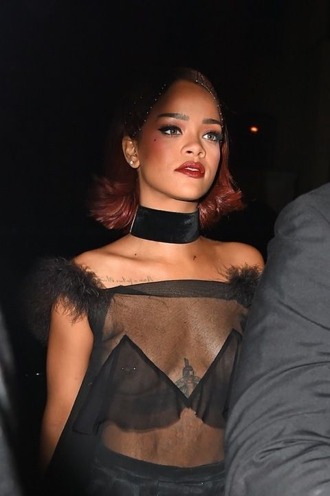 NEW YORK - MAY 04: (EDITORS NOTE: Image contains partial nudity.) Rihanna in a see through top arrives at her Met Gala after party at 'Up and Down' on MAY 04, 2015 in New York, New York. (Photo by Josiah Kamau/BuzzFoto via Getty Images)