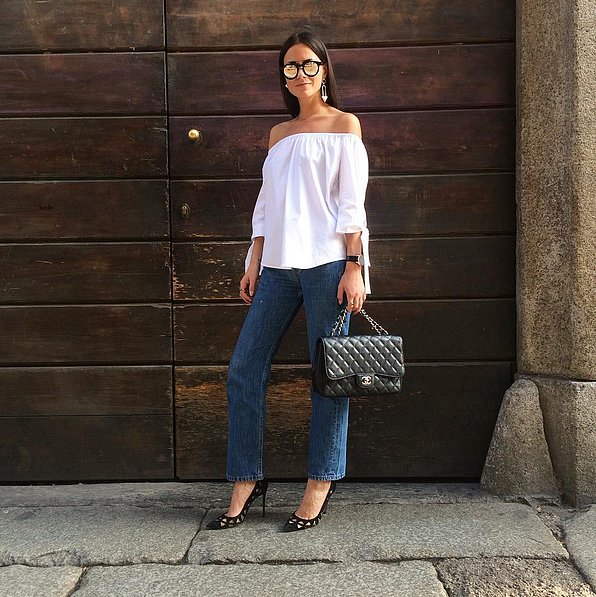 Off--Shoulder-Top-Structured-Jeans-Pointed-Toe-Heels