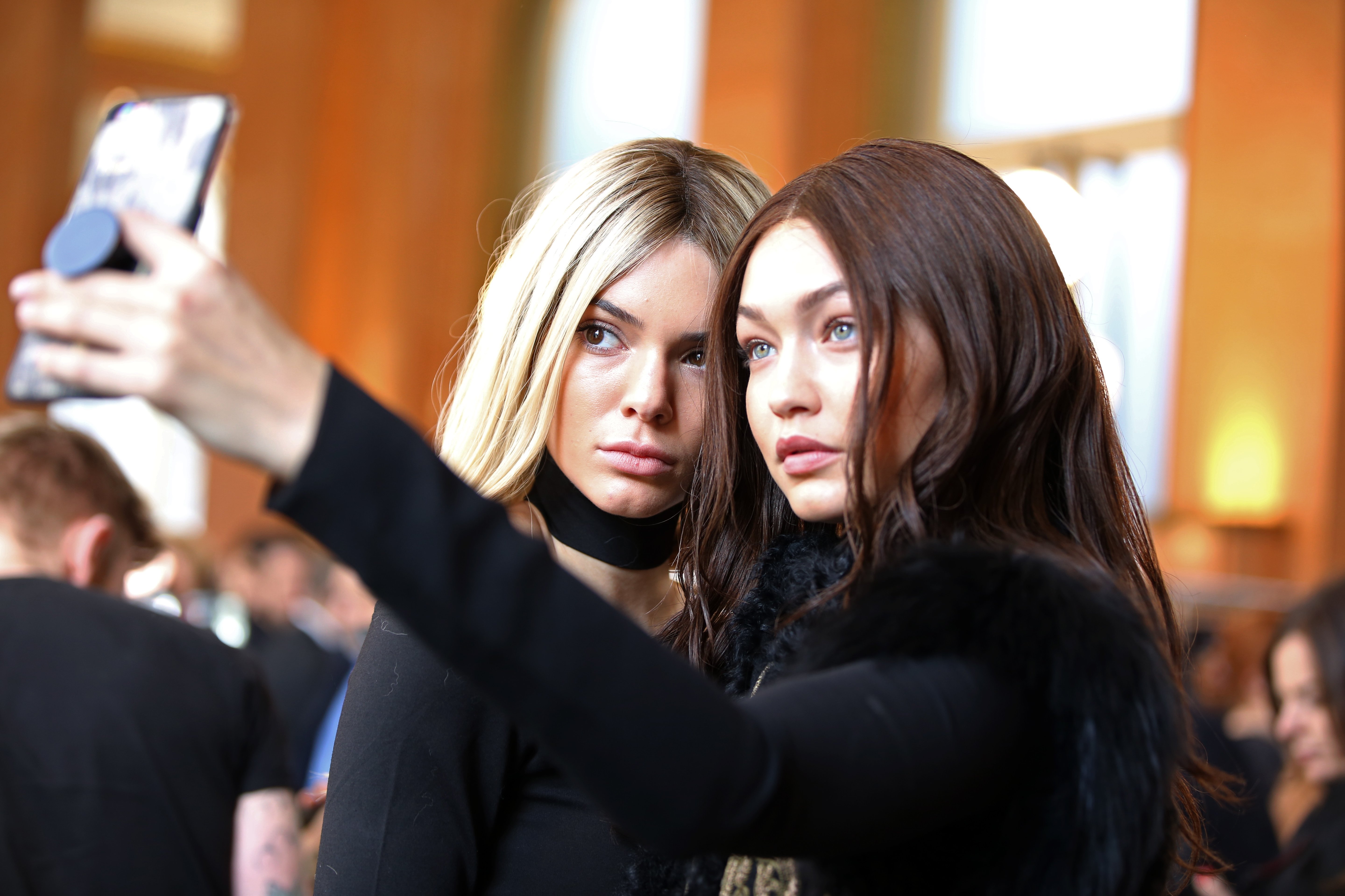 Mandatory Credit: Photo by Delphine Achard/WWD/REX/Shutterstock (5609343p) Kendall Jenner and Gigi Hadid backstage Balmain show, Backstage, Autumn Winter 2016, Paris Fashion Week, France - 03 Mar 2016
