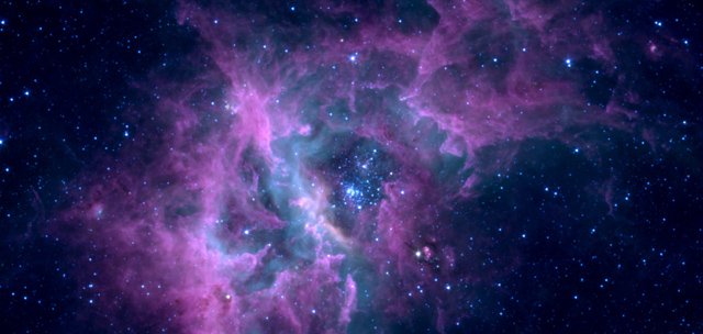 The nebula RCW49, shown in infrared light in this image from the Spitzer Space Telescope, is a nursery for newborn stars. Using NASA's Spitzer Space Telescope, astronomers have found in RCW49 more than 300 newborn or 'protostars,' all with circumstellar disks of dust and gas. The discovery reveals that galaxies make new stars at a much more prolific rate than previously imagined. The stelar disks of dust and gas not only feed material onto the growing new stars, but can be the raw material for new planetary systems. Used with permission by: UW-Madison University Communications 608/262-0067 Photo by: courtesy NASA/JPL-Caltech/University of Wisconsin-Madison Date: 5/04 File#: scan provided
