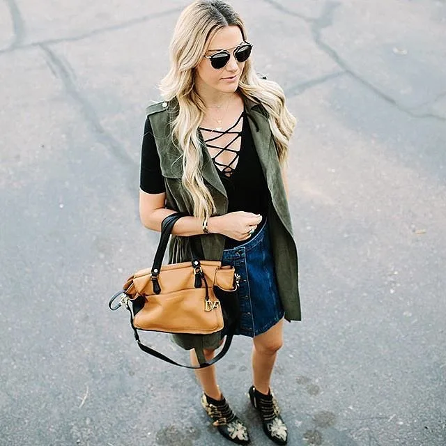 Laced-up-top-military-vest-denim-skirt-studded-boots