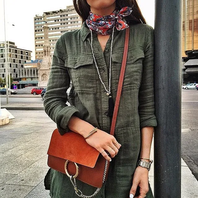 Mix-up-variety-Fall-tones-printed-neck-scarf-shirt-dress-camel-crossbody