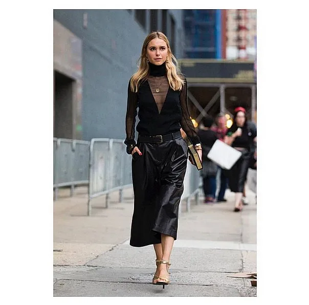 Sheer-Turtleneck-Leather-Culottes-Metallic-Accessories